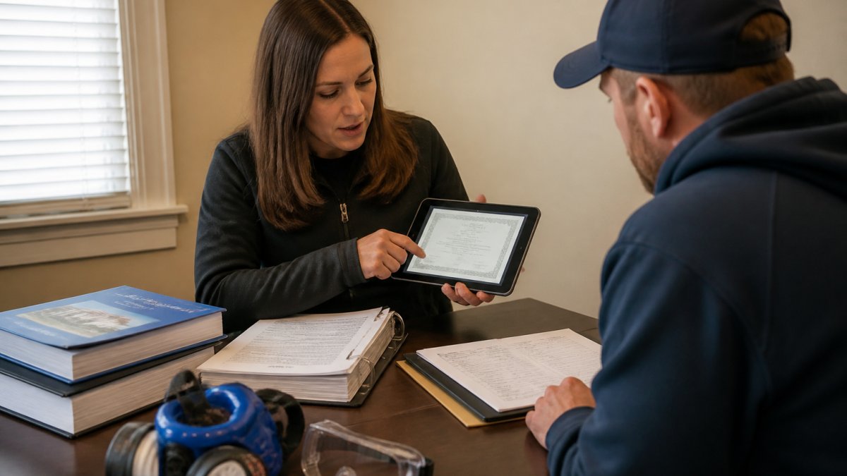 Professional demonstrating how to verify lead abatement certification credentials and documents on a tablet while reviewing contractor paperwork at a table with business materials visible