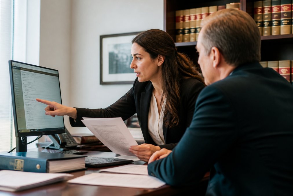 A legal assistant in a modern law office pointing at a computer monitor, reviewing a delivery confirmation dashboard while holding a printed document