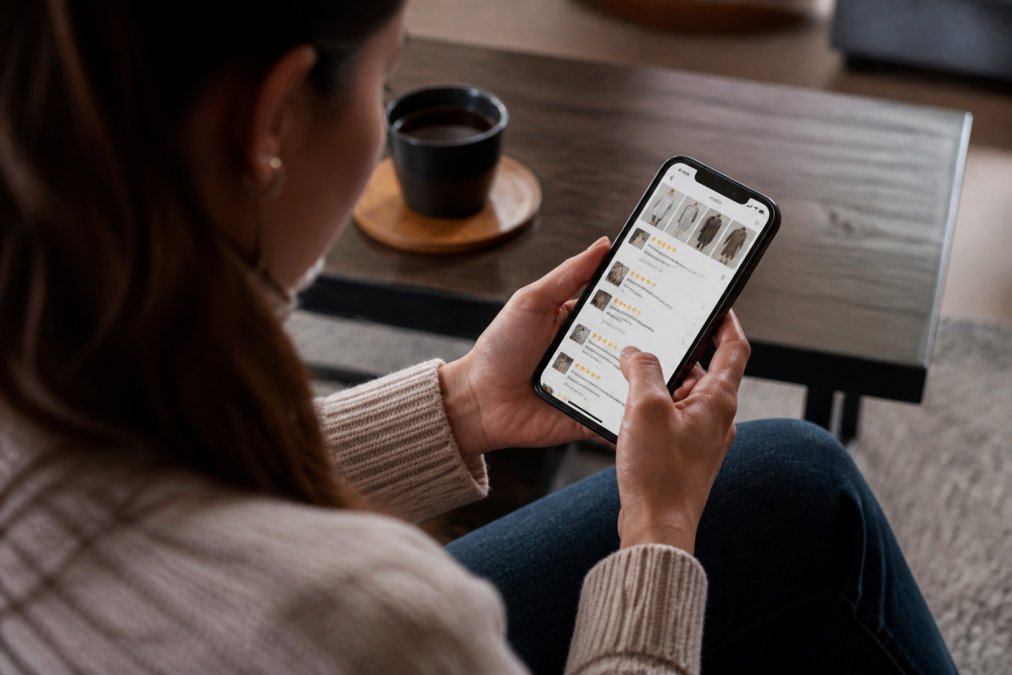 Smartphone screen displaying customer reviews and star ratings on a shopping website, a person's hand scrolling through feedback and examining the review patterns