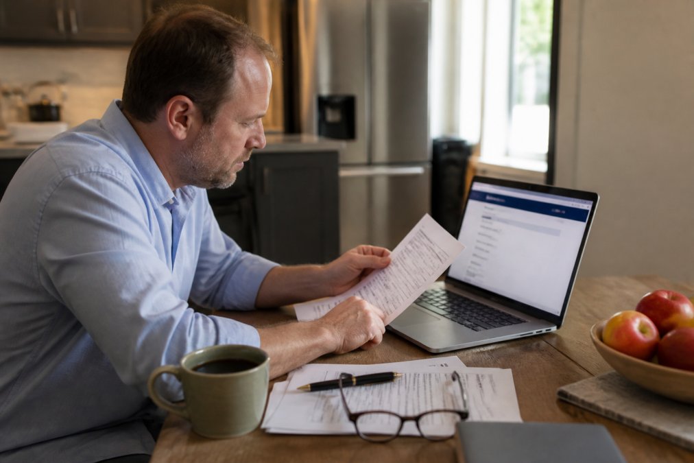 A borrower at a kitchen table reviewing a loan document with a laptop open to a state licensing registry website, a pen and reading glasses resting on the paperwork