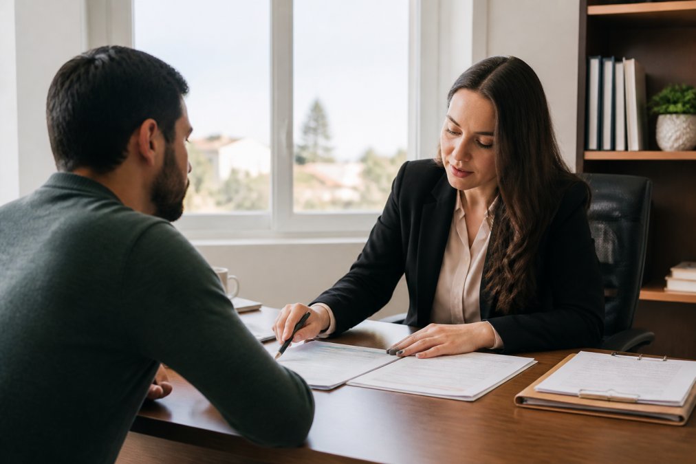 Real estate investor or borrower sitting across from a loan officer at a desk, reviewing loan documents and taking notes during a consultation, with natural office lighting and loan papers visible
