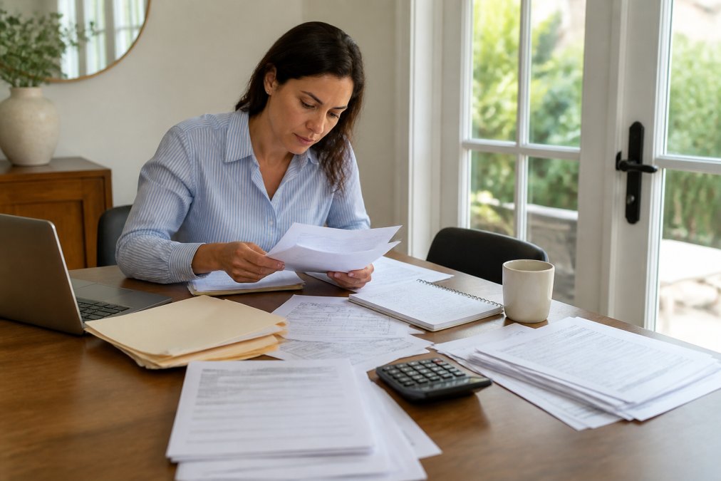 Borrower organizing financial documents, tax returns, and bank statements on a desk with a laptop nearby, preparing materials for loan submission, with natural lighting and papers spread out