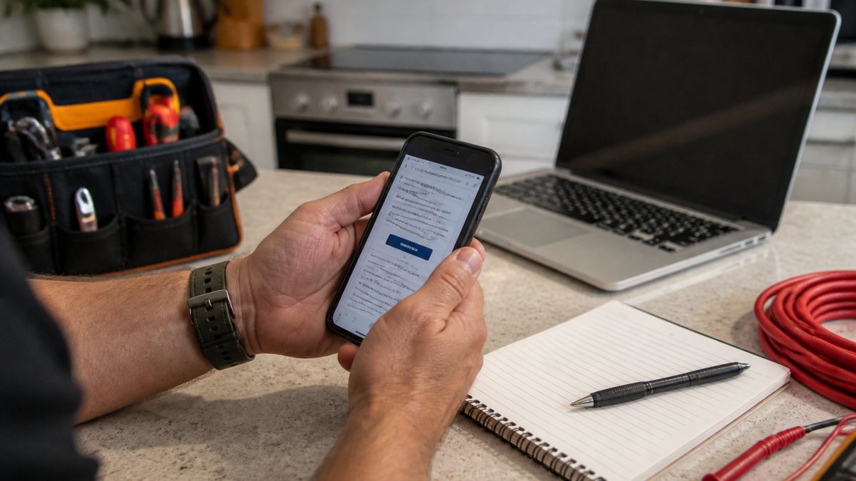 Close-up of a homeowner's hands holding a smartphone, looking at a government licensing website on the screen, with a laptop and notepad on a kitchen bench in the background