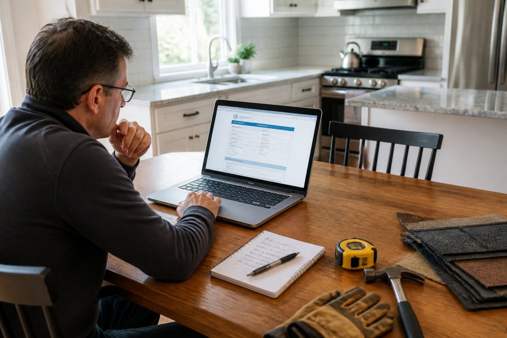 Homeowner using a laptop to verify licensed contractors via a state database with notes on a notepad.