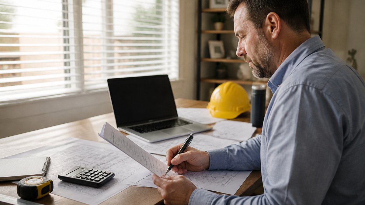 Homeowner sitting at desk reviewing contractor documents and taking notes, with a laptop displaying a license verification portal in the background, natural office lighting