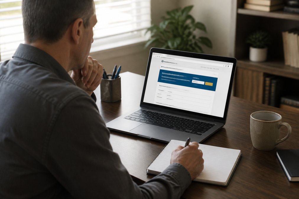 Person using a laptop to check a state database to learn how to verify licensed locksmith credentials