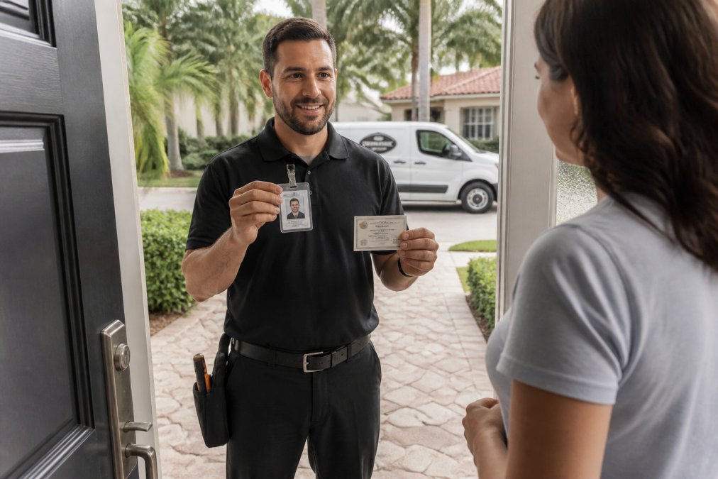 A uniformed locksmith technician showing a photo ID badge and license card to a homeowner at the front door of a Miami home, with a marked service vehicle visible in the driveway