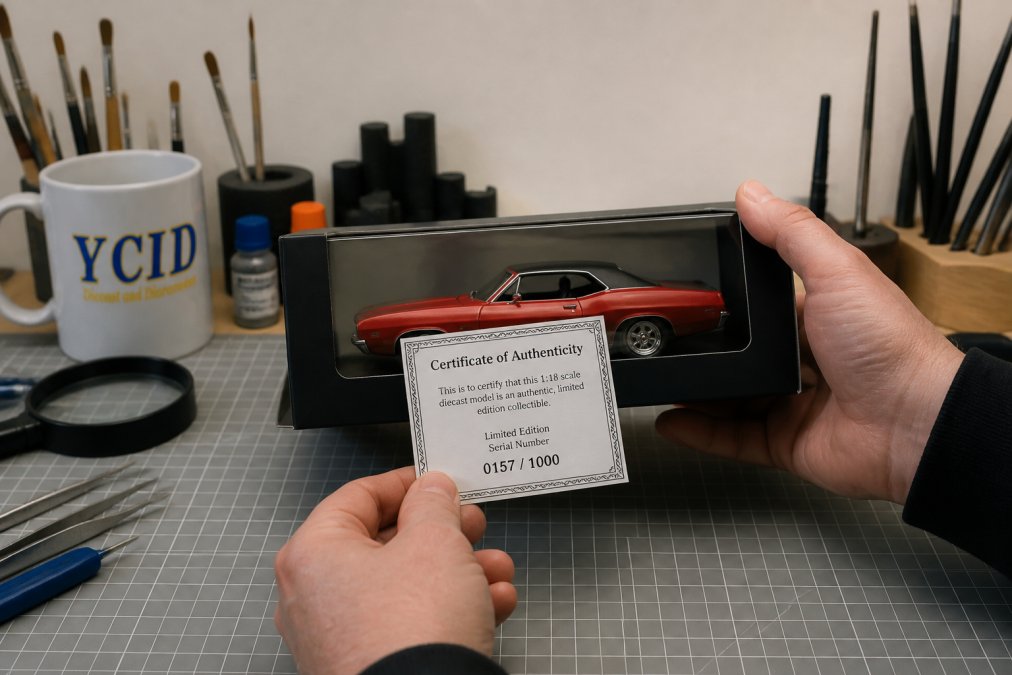 Close-up of hands holding a limited edition diecast model box with a printed certificate of authenticity and serial number visible, on a clean workbench with soft lighting