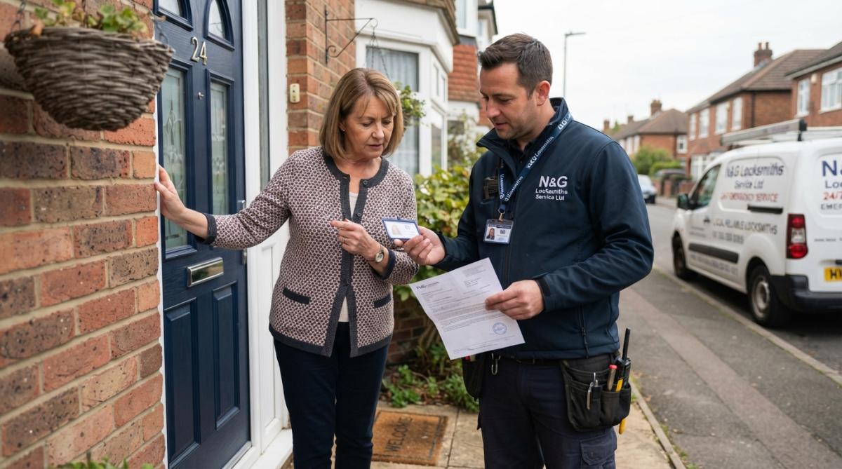 A homeowner at their front door checking a locksmith's ID badge and insurance certificate before allowing entry, with a sign-written van visible in the background