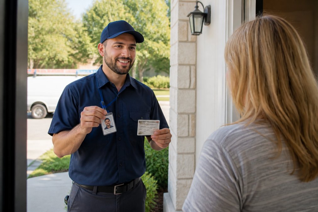 A professional plumber in a clean uniform showing his photo ID badge and certification card to a homeowner at the front door, bright daylight, both standing on the porch