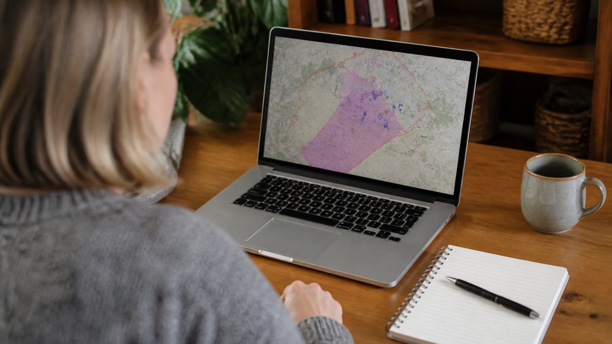Person sitting at a desk with a laptop, reviewing a local council website on screen with a school catchment area map visible, with a notepad and pen nearby