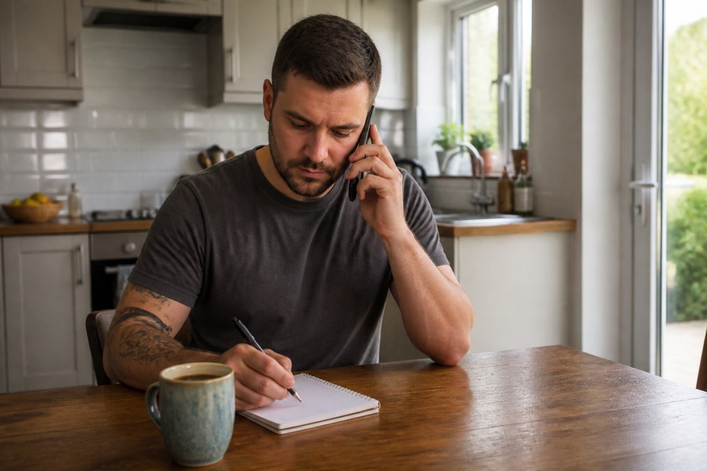 Homeowner sitting at kitchen table with phone and notepad, writing down questions during a call with a locksmith, morning light through window