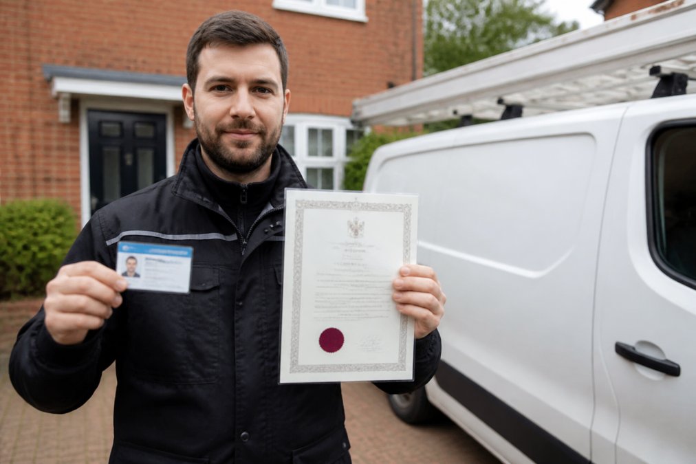 Professional locksmith in uniform holding up identification documents and credentials with service vehicle visible in the background