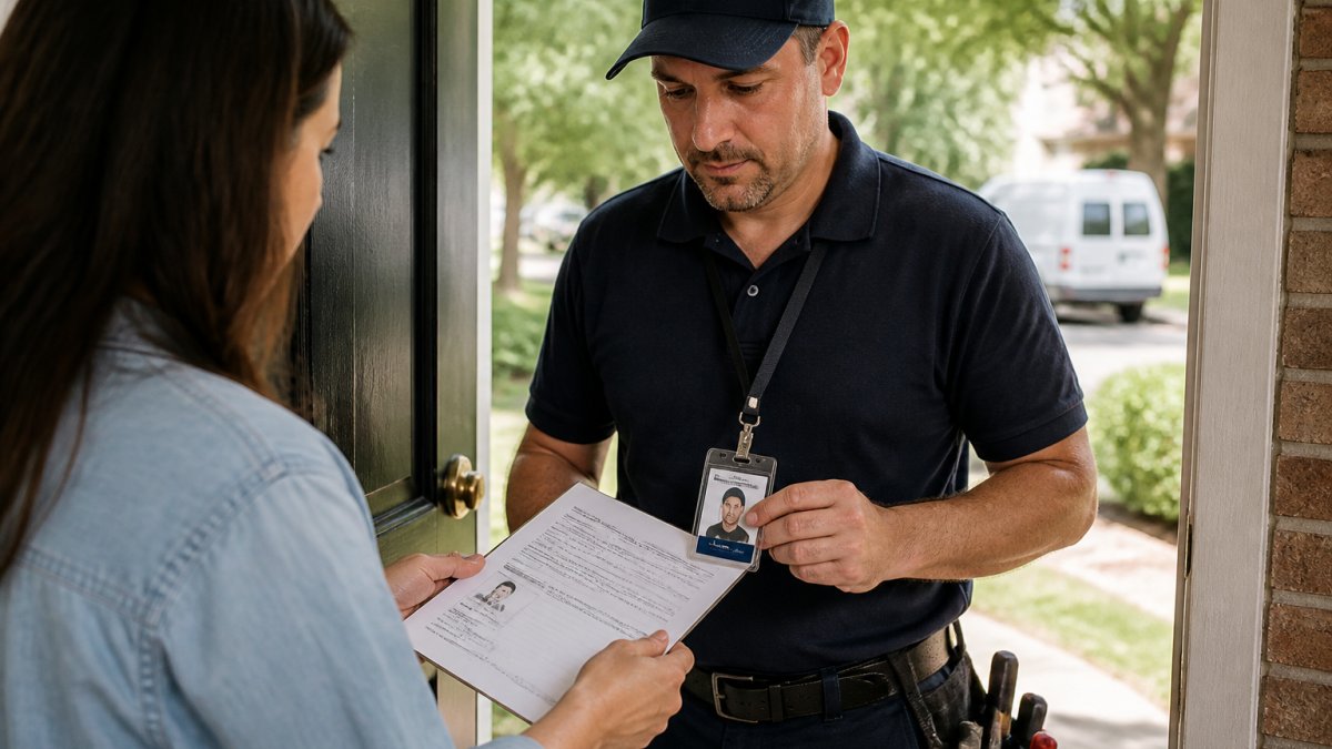 Infographic illustrating the step-by-step process to verify locksmith credentials and identification at a door.