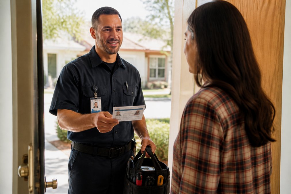 Professional locksmith in uniform displaying credentials and identification badge to a homeowner at the front door during initial consultation