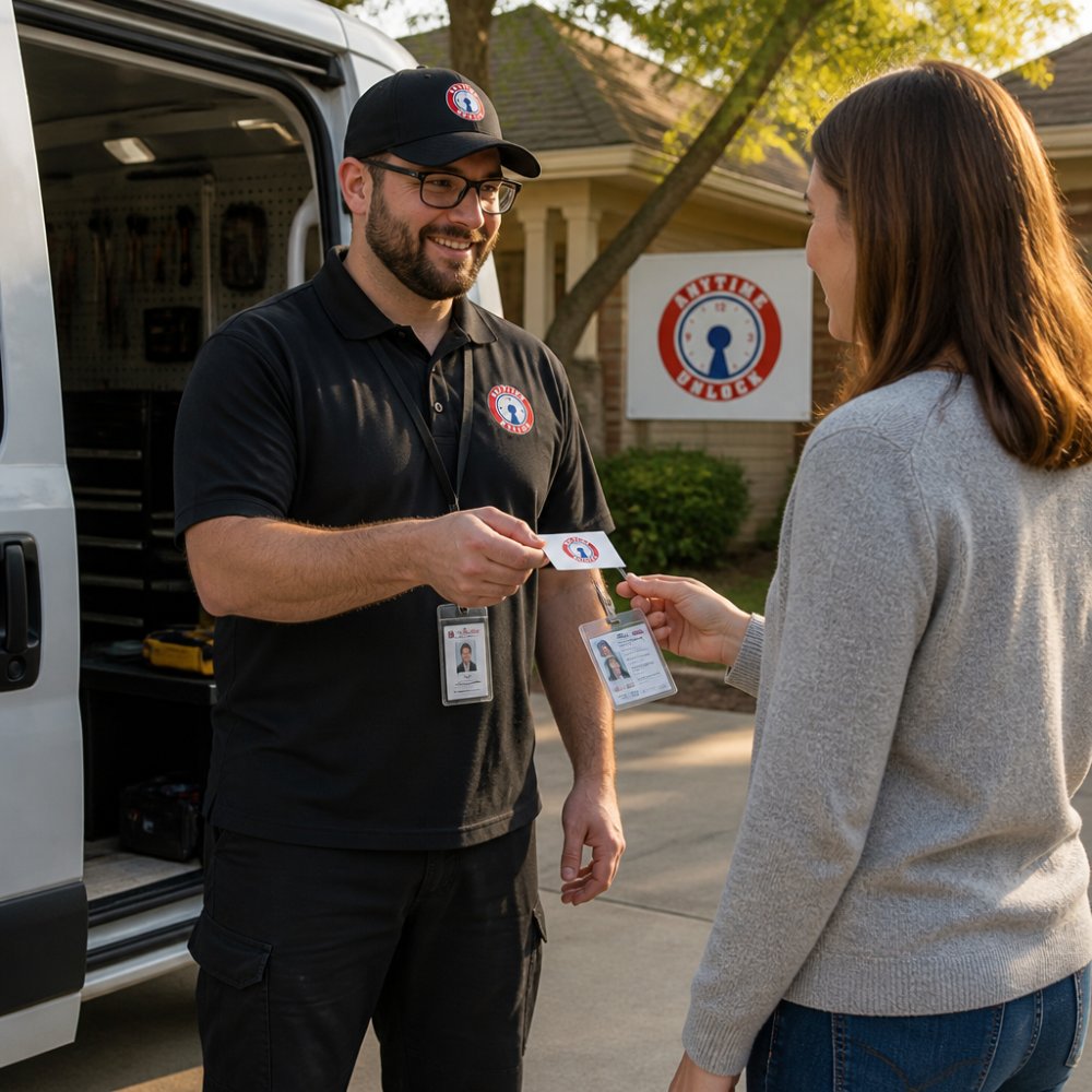 Locksmith in uniform showing ID to a homeowner to verify locksmith pricing before starting work
