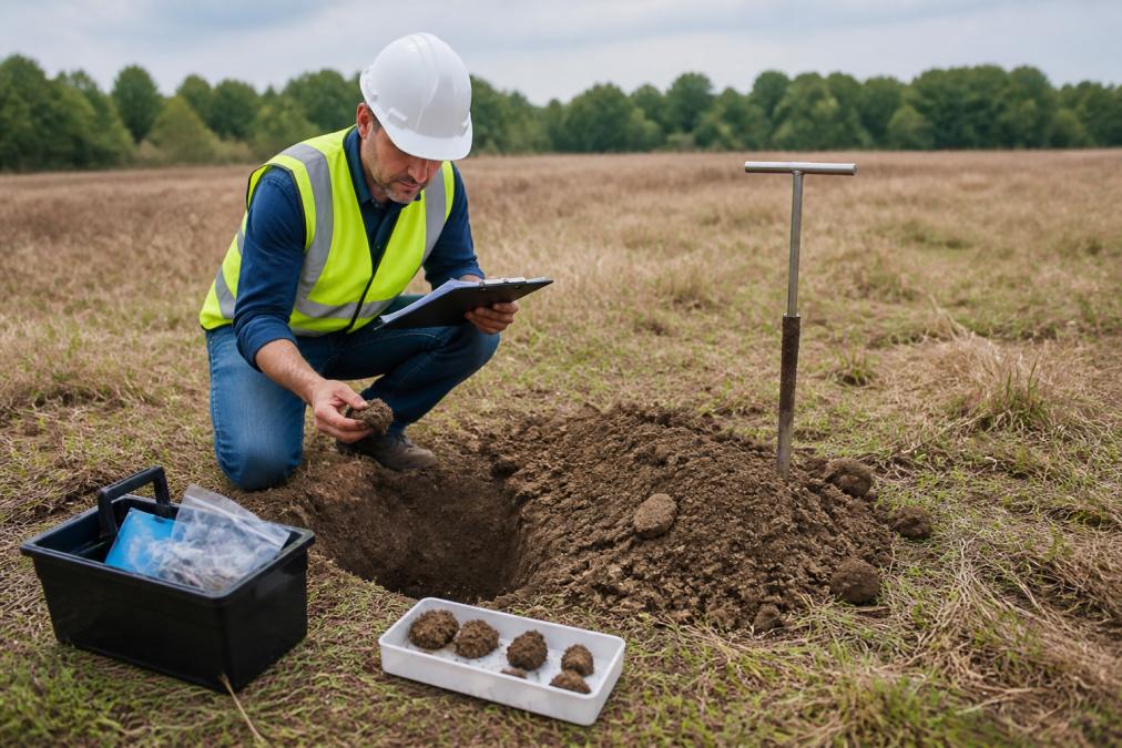 Land surveyor analyzing soil samples to determine lot buildability in an open field with testing equipment.