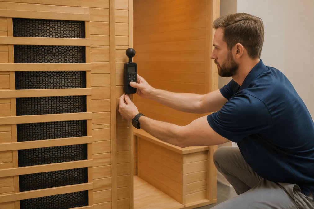 Professional demonstrating how to hold a tri-axial EMF meter at various distances from an infrared sauna heater panel, showing proper measurement technique in a home setting with natural lighting