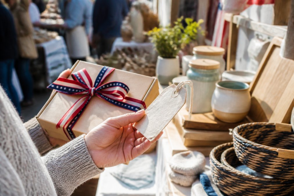 A shopper's hands holding a gift box with a small American flag ribbon, examining a fabric hangtag up close at a bright artisan market stall