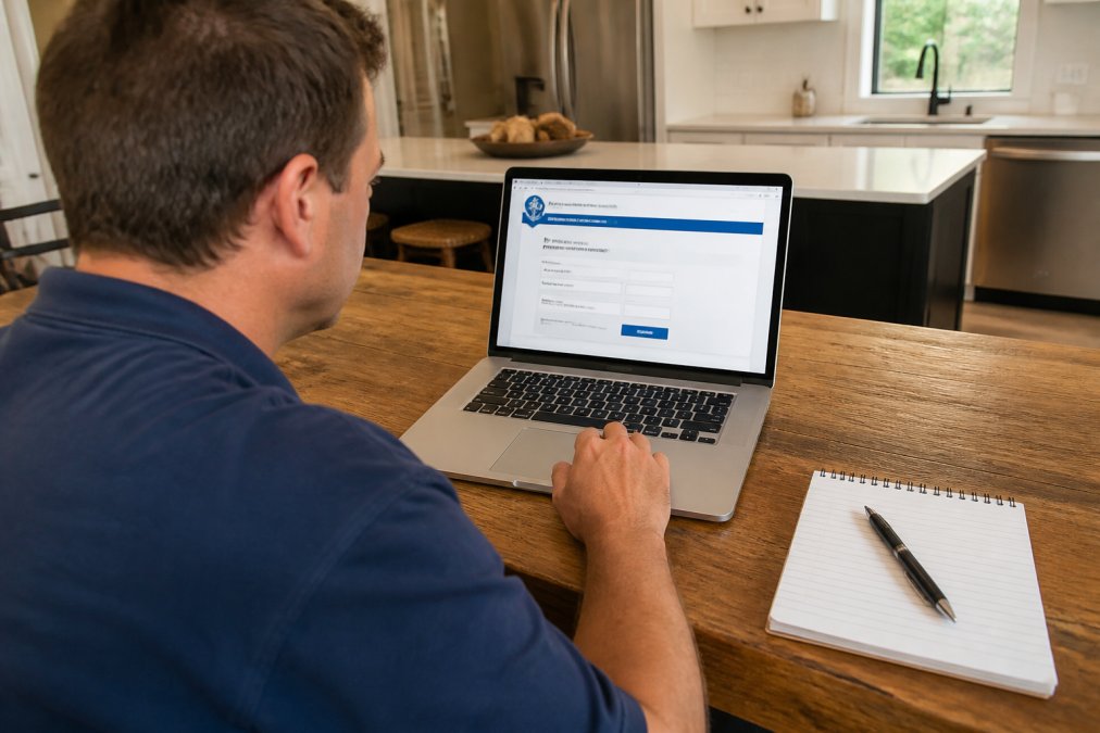 A car owner sitting at a kitchen table with a laptop, looking at an ASE certification lookup website, with a notepad and pen nearby for writing down certification numbers