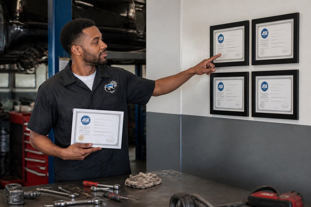 Professional automotive technician in a clean repair shop holding ASE certification documentation and pointing to credentials displayed on a wall, with natural workshop lighting