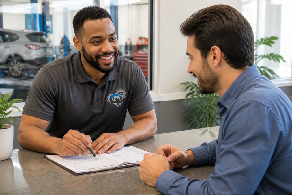 Service advisor in professional attire having a friendly conversation with a vehicle owner in a bright, clean repair shop lobby, reviewing paperwork and explaining repair work with genuine engagement