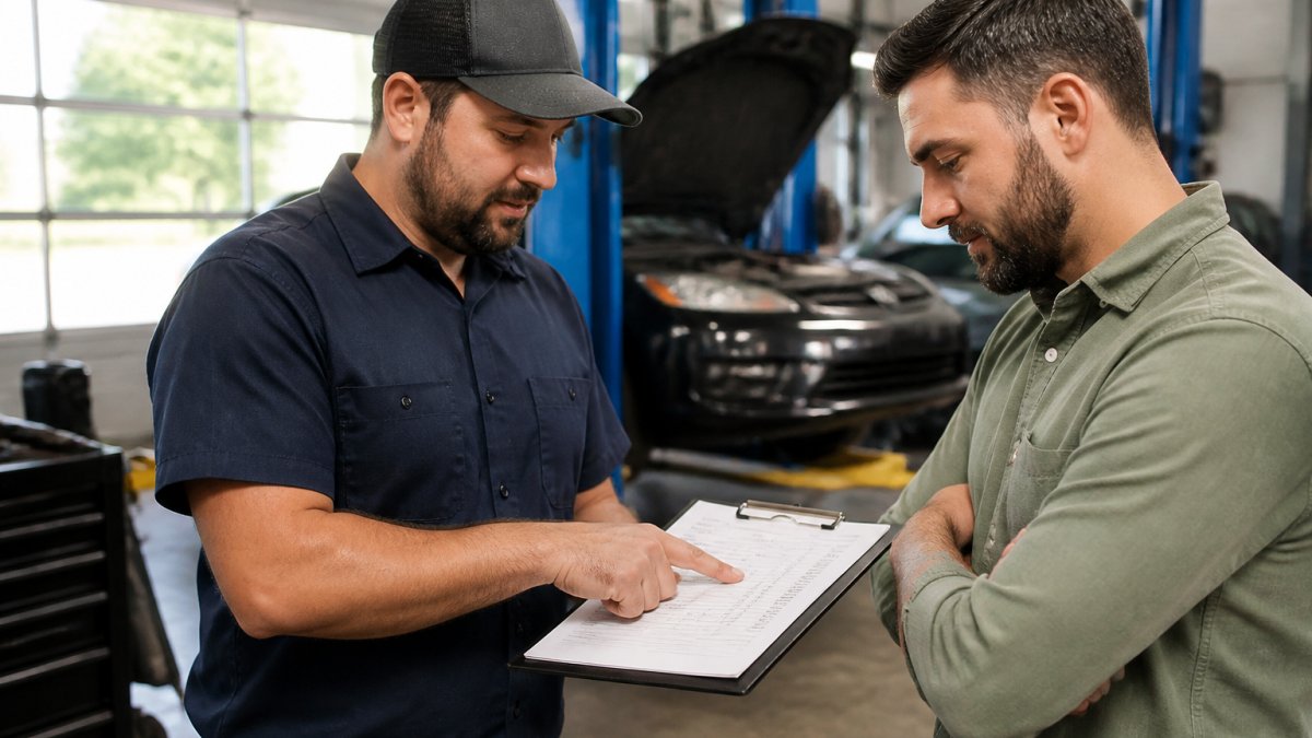 Professional mechanic pointing to itemized repair estimate on clipboard while explaining costs to vehicle owner in workshop setting with natural lighting
