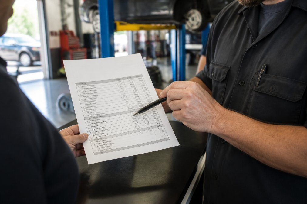 Mechanic pointing to itemized parts and labor to help you verify mechanic repair estimates in a service bay