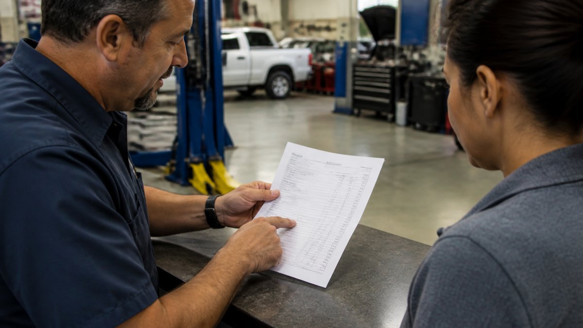 Professional mechanic's hands holding a printed repair estimate form, pointing to specific line items while discussing with a vehicle owner across a service counter in a modern shop with fluorescent lighting