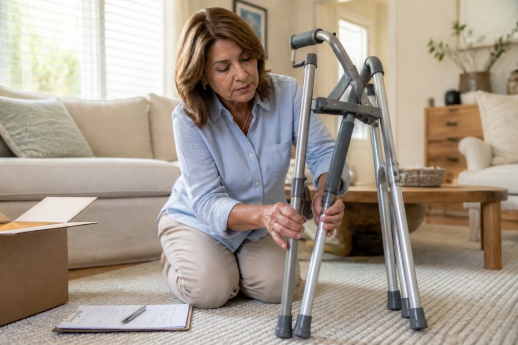 Caregiver inspecting a walker for medical equipment quality using a safety checklist in a bright living room.