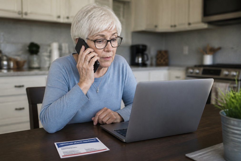 A senior woman sitting at a kitchen table with a laptop and a Medicare insurance card beside her, looking at a provider directory on the screen while talking on the phone
