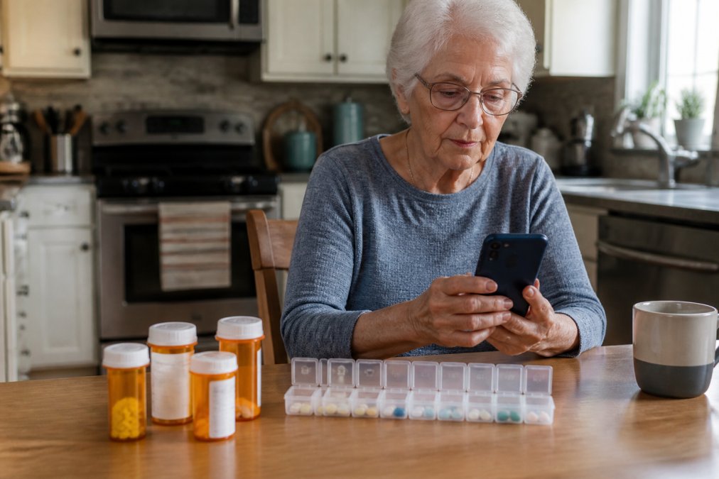 A senior woman sitting at a kitchen table using a smartphone, with a weekly pill organizer and several prescription bottles in front of her, looking focused and calm