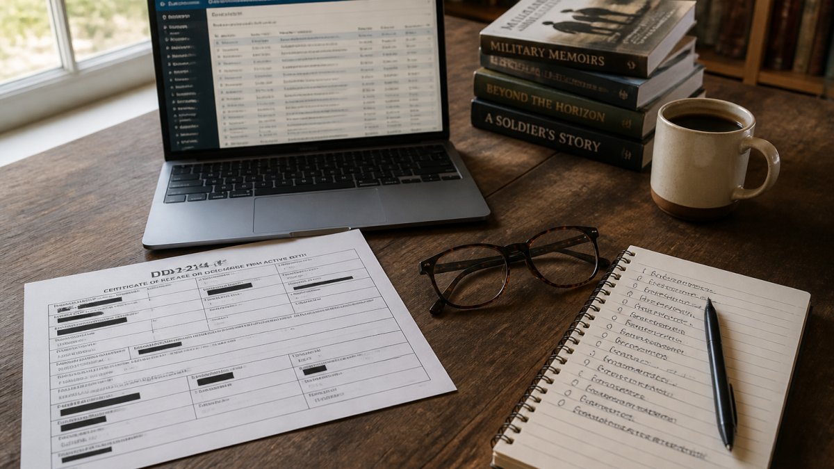 A researcher's desk with a laptop showing an archival database, a printed DD-214 with redacted fields, reading glasses, and a notepad with handwritten notes, warm natural light from a nearby window