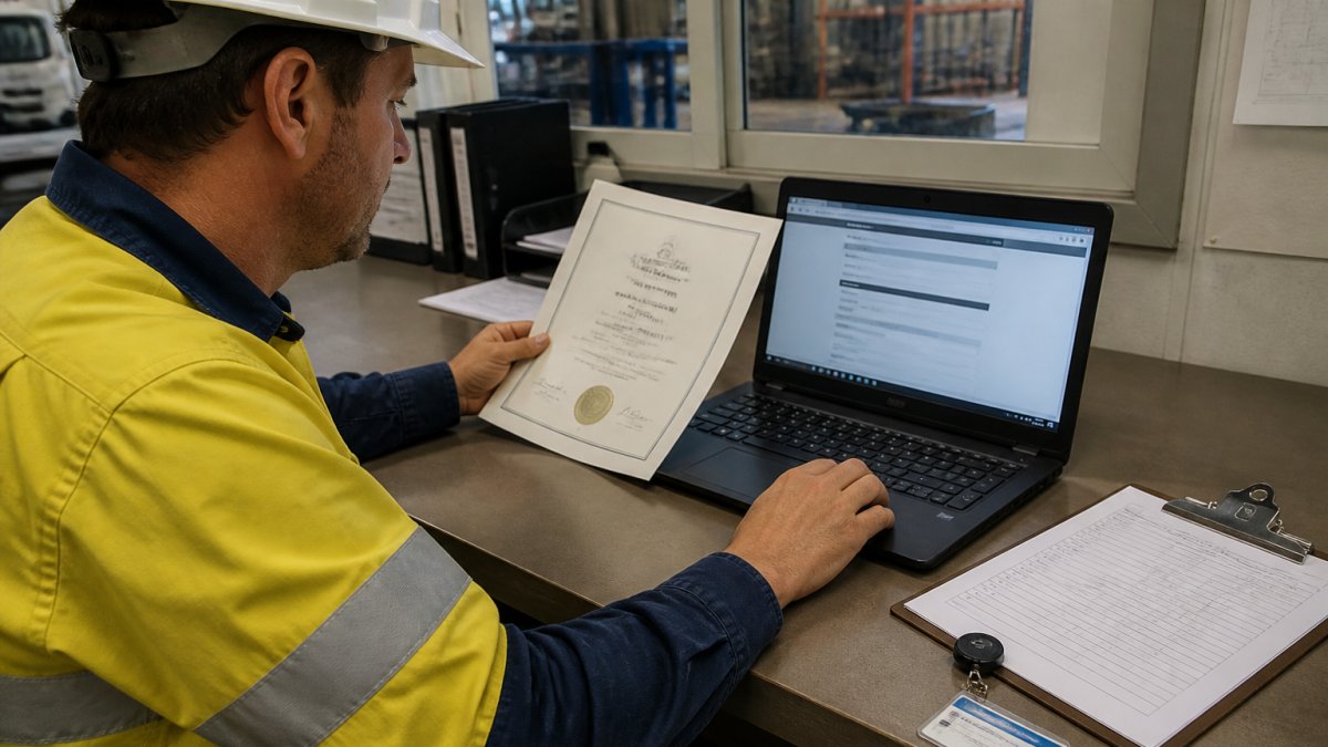 A site supervisor in hi-vis and a hard hat at a mine site office desk, comparing a printed certificate against a laptop screen showing a training provider's online verification portal, with a clipboard and induction badge nearby