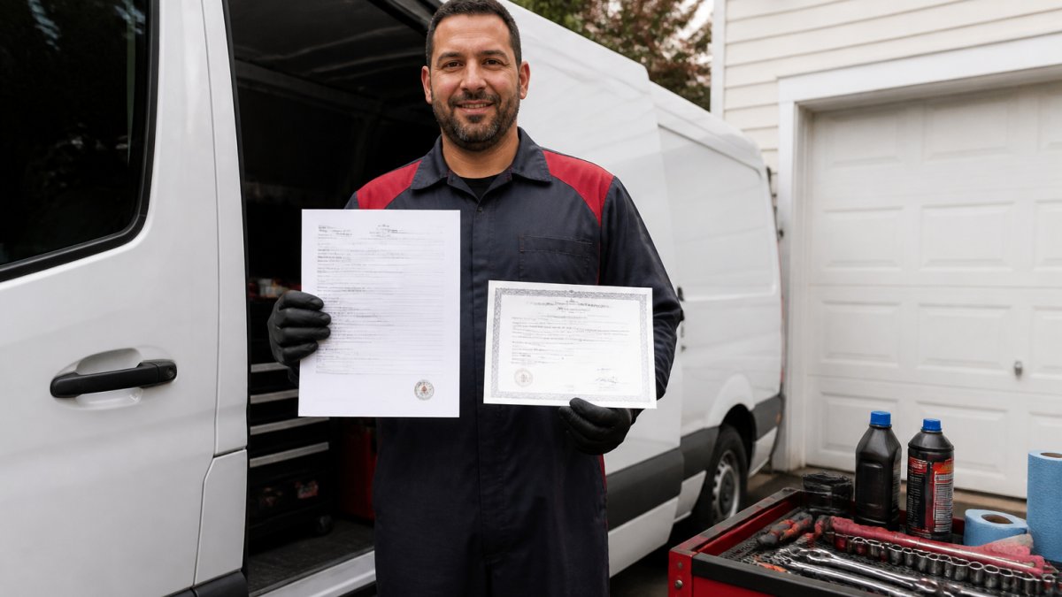 Professional mobile mechanic in work uniform holding credentials and insurance documentation, standing beside a service vehicle with tools visible in the background