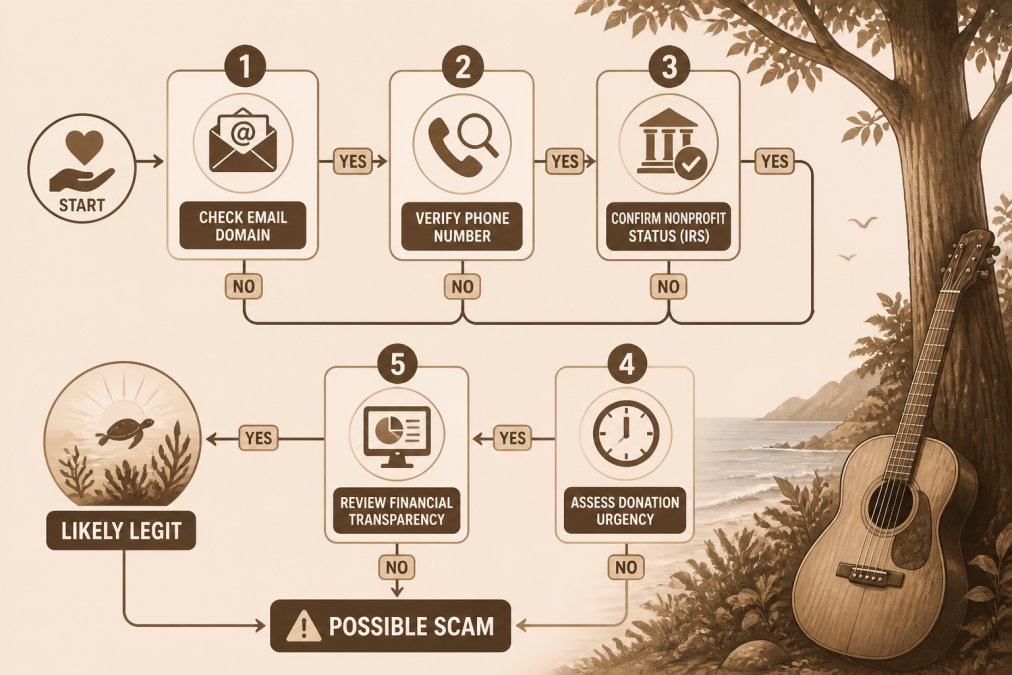 Flowchart showing decision tree for identifying donation scams: Check sender email domain matches official website, Verify phone number through independent search, Confirm nonprofit status in IRS database, Assess whether donation request includes artificial urgency, Review financial transparency on official website