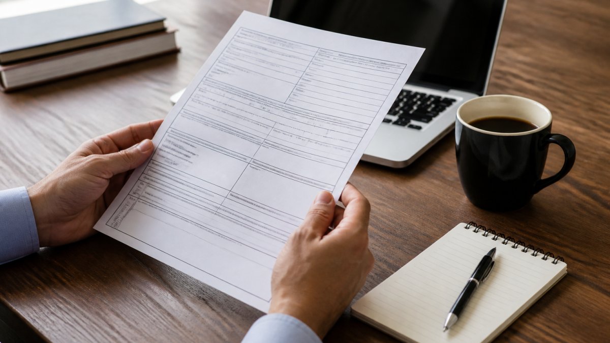 Close-up of a person's hands holding a printed certificate of insurance document next to a laptop and coffee cup on a wooden desk, with a pen and notepad nearby