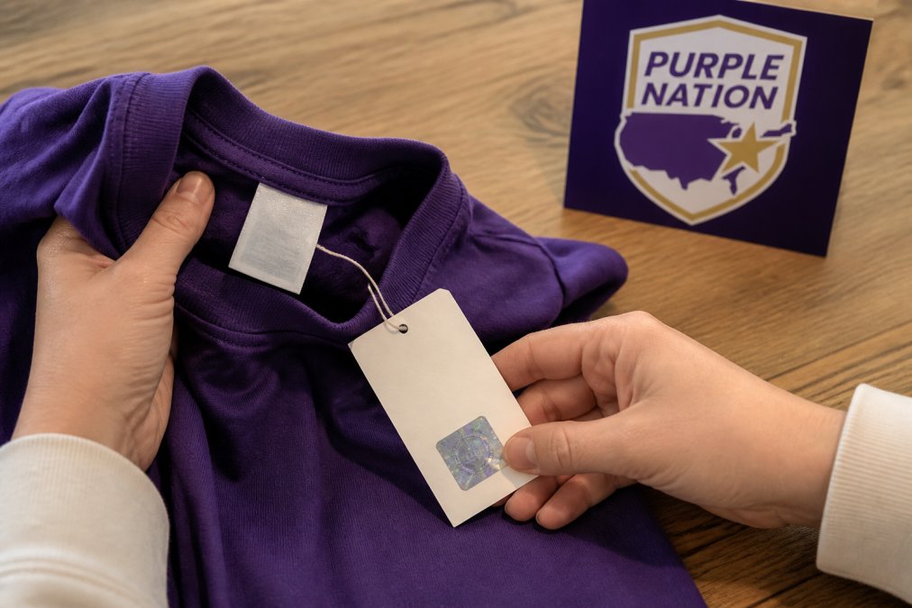 Close-up photograph of hands examining the inside neck label and hangtag of a collegiate t-shirt, with a hologram sticker visible on the tag, natural lighting on a wooden table