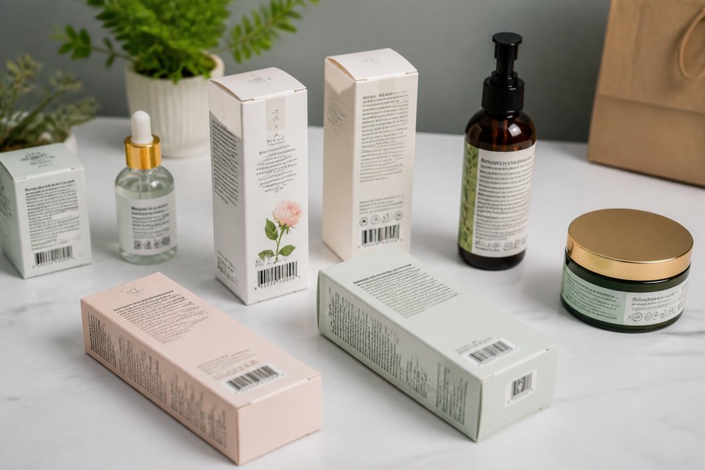 A collection of beauty product boxes and bottles arranged on a white surface, showing clear labeling, professional packaging design, and barcode details