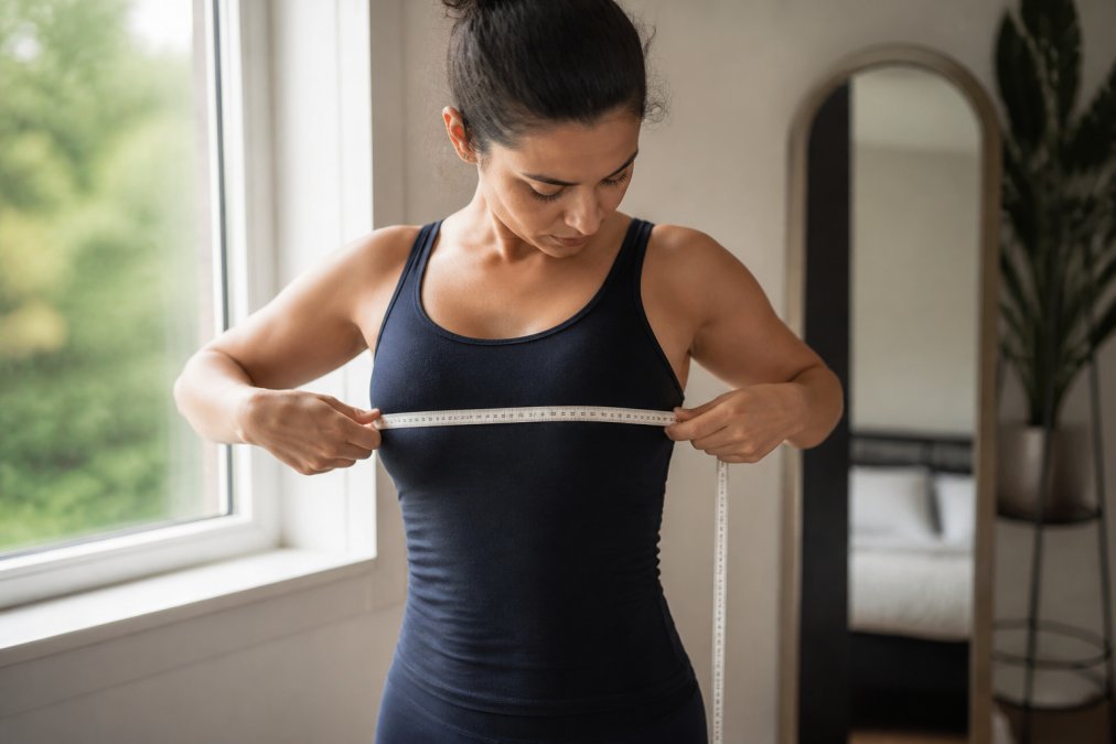 Woman measuring her bust with a flexible measuring tape held parallel to the floor, wearing a fitted top, standing in natural light