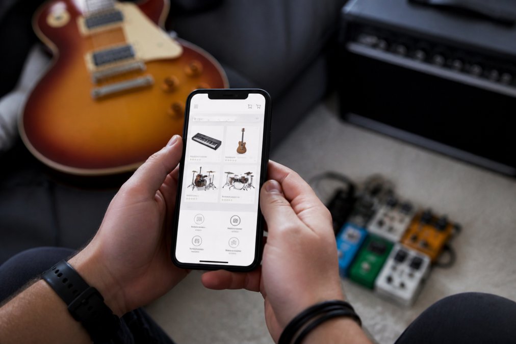 Person holding smartphone displaying a music retailer website with security badges, contact information, and product listings clearly visible on screen