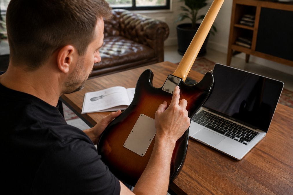 Musician examining a guitar's serial number plate under bright studio lighting, comparing details against product documentation and manufacturer records on a laptop nearby