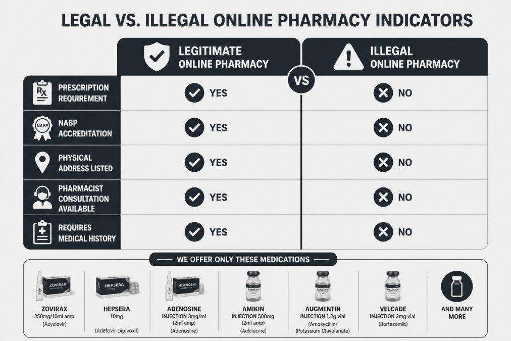 Comparison matrix showing legitimate vs. illegal pharmacy indicators: prescription requirement (yes/no), NABP accreditation (yes/no), physical address listed (yes/no), pharmacist consultation available (yes/no), requires medical history (yes/no)