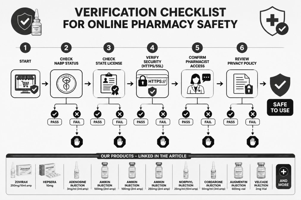 6-step verification flowchart: Start > Check NABP Status (Pass/Fail) > Check State License (Pass/Fail) > Verify Security (HTTPS/SSL) > Confirm Pharmacist Access > Review Privacy Policy > Safe to Use