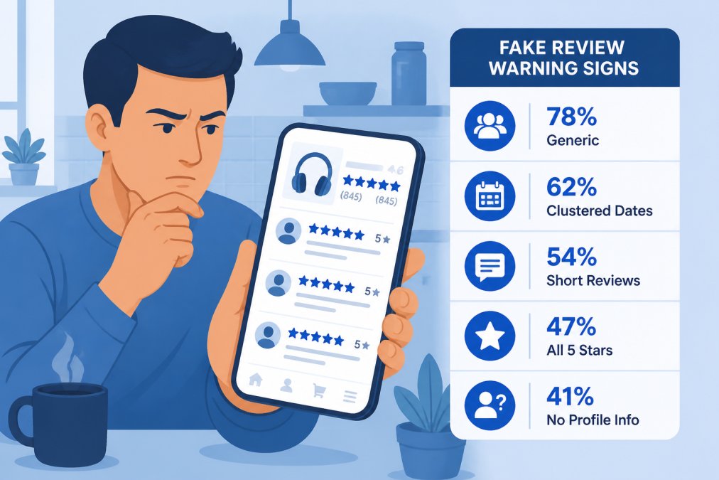 Close-up of a person scrolling through customer reviews on a smartphone, with a skeptical expression, sitting at a kitchen table with coffee nearby