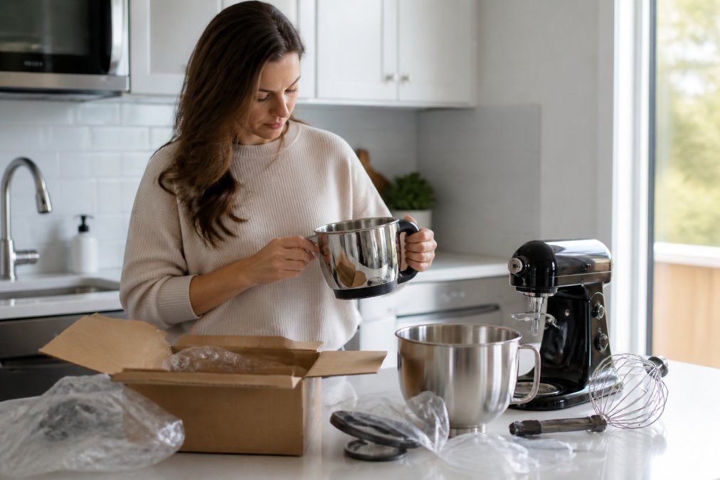 Person carefully unboxing a delivered package on a kitchen counter, examining the product closely under good lighting, with the shipping box and packing materials visible nearby