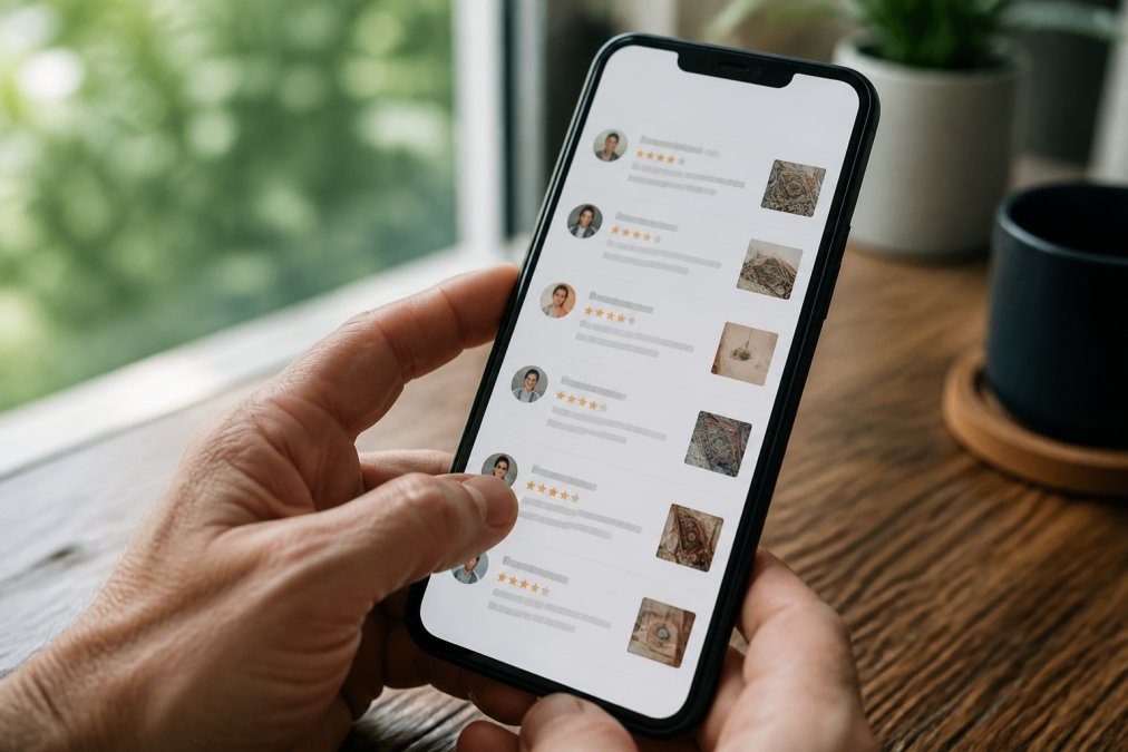 Close-up of a smartphone screen showing customer reviews and testimonials for an online rug marketplace, with hands holding the device and examining the reviews carefully in natural daylight