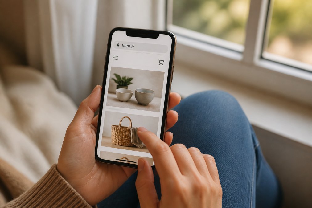 Close-up of a person's hands holding a smartphone displaying a small business shopping website with a visible padlock icon in the browser address bar, warm natural light from a nearby window