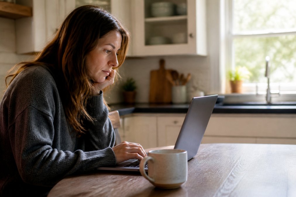 Person sitting at a kitchen table with a laptop open, carefully reading customer reviews on a small business website, a ceramic coffee mug beside the laptop, soft morning light from a nearby window