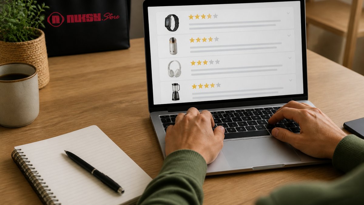 Close-up of a person's hands scrolling through customer reviews on a laptop screen, with a notebook and pen nearby for taking notes